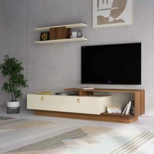 Tv Unit - 40 x 35 x 200 cm - Off White & Wood - MT26